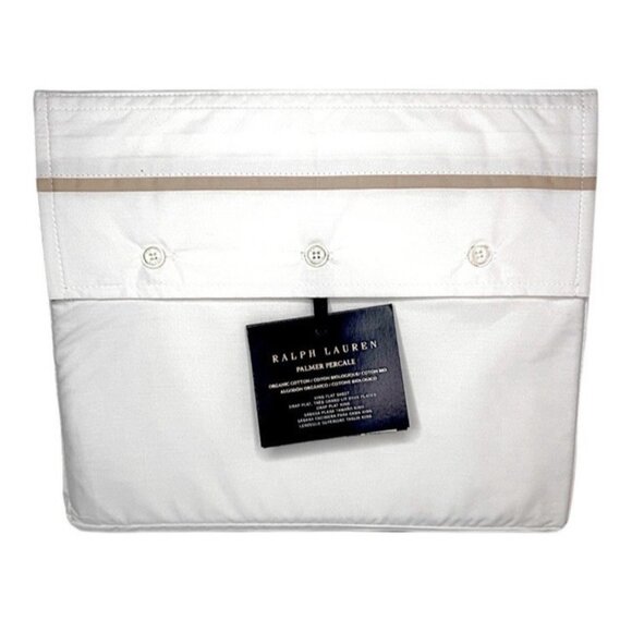 Ralph Lauren King Flat Sheet Palmer Percale Creme Sand Dune Trim NWT $200 - Picture 1 of 4